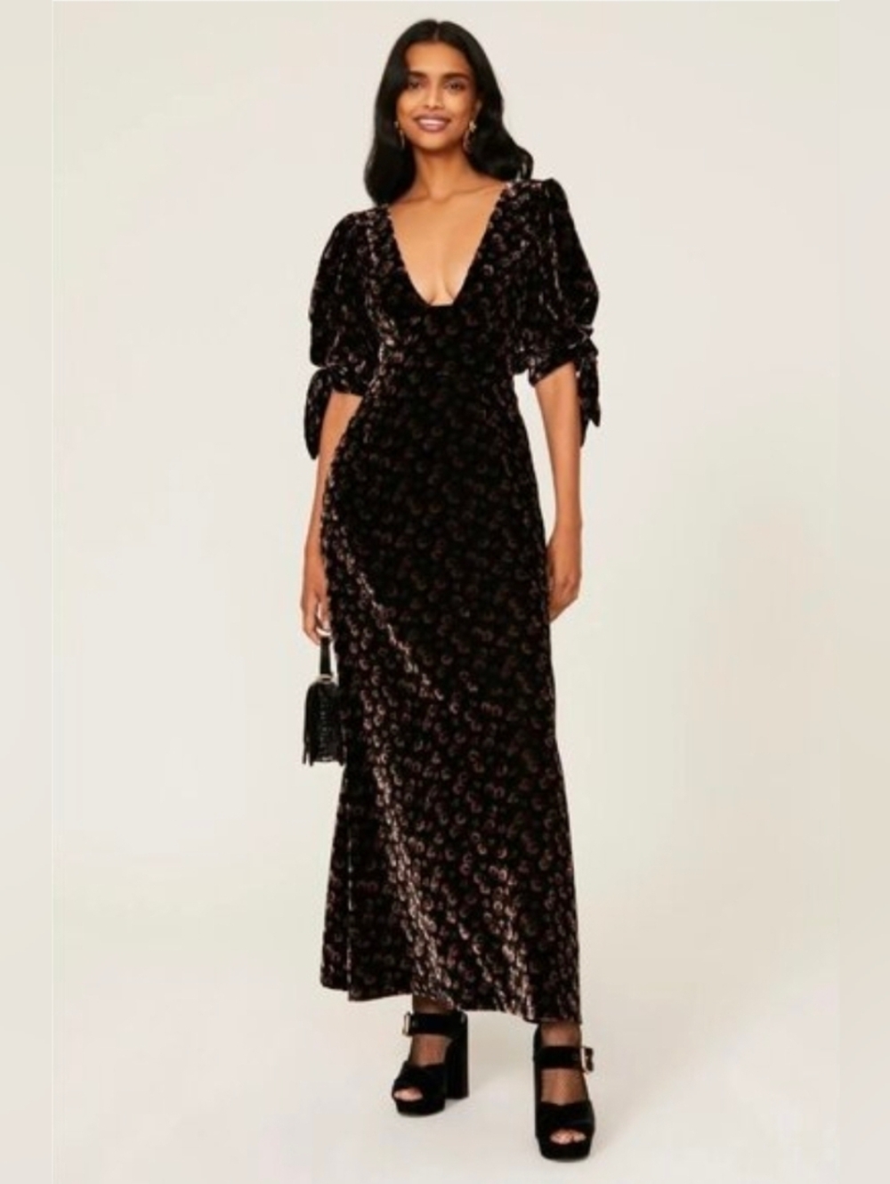 Sea New York Black Floral Velvet Maxi Dress with Puff Sleeves